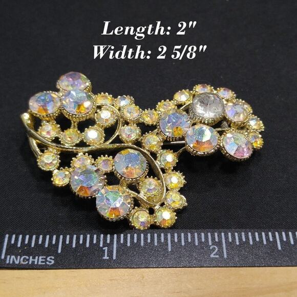 Vintage BSK Gold Aurora Borealis Rhinestone Floral Brooch 1950s Signed B.S.K. - Picture 7 of 9